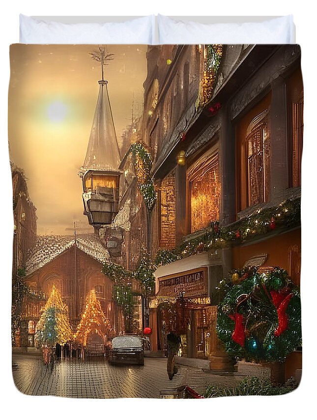 Christmas Duvet Cover featuring the digital art Victorian Christmas Scene by Katrina Gunn