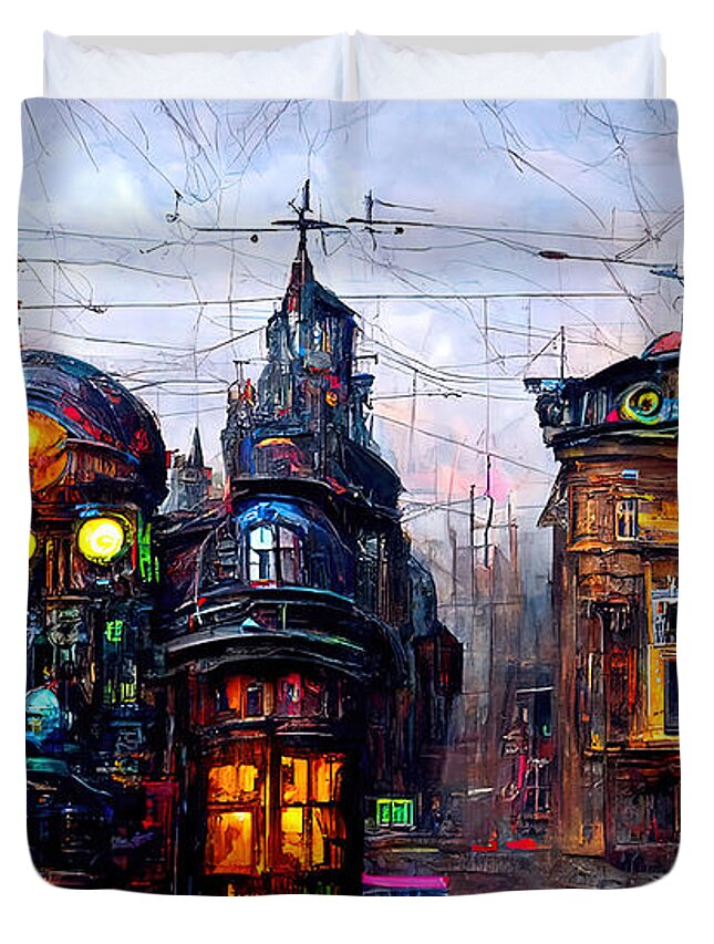 Steampunk Duvet Cover featuring the painting Victorian Steampunk City, 02 by AM FineArtPrints