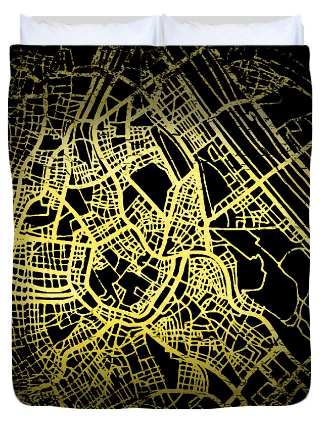 Map Duvet Cover featuring the digital art Vienna Map in Gold and Black by Sambel Pedes