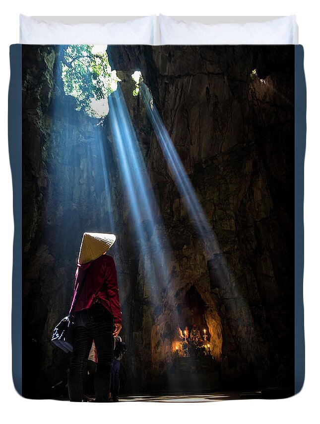 Ancient Duvet Cover featuring the photograph Vietnamese at Marble Mountain by Arj Munoz