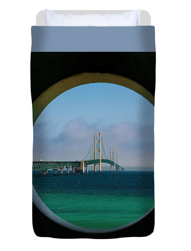 Mackinaw City; Lighthouse; Bridge; Michigan; Mackinac Bridge; Old Mackinac Point Lighthouse Duvet Cover featuring the photograph View from the Mackinac Light by Nick Zelinsky Jr