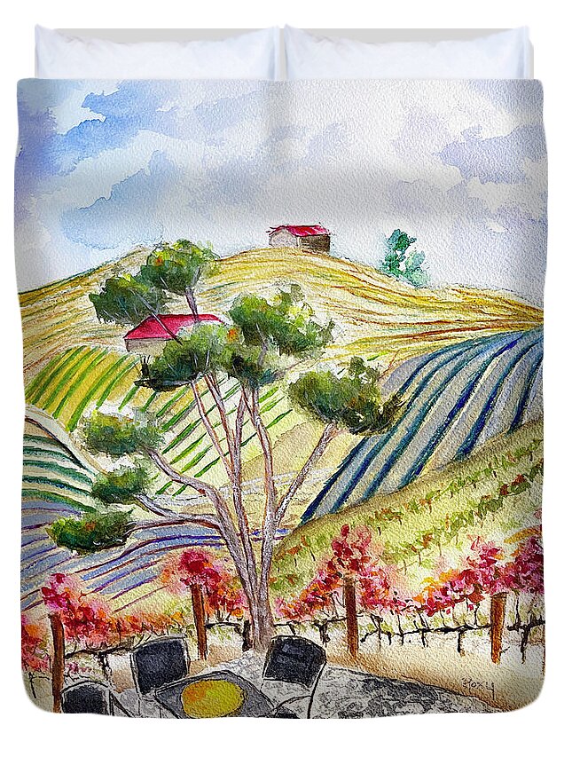 View Duvet Cover featuring the painting View from the patio at Gershon Bachus Vintners by Roxy Rich
