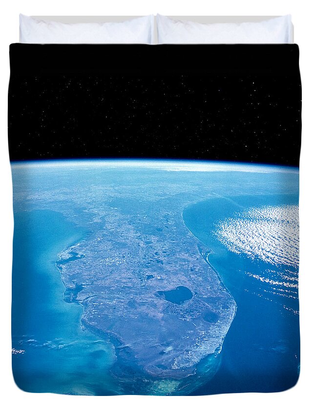 Earth Duvet Cover featuring the photograph View of Florida from Space by Mark Andrew Thomas