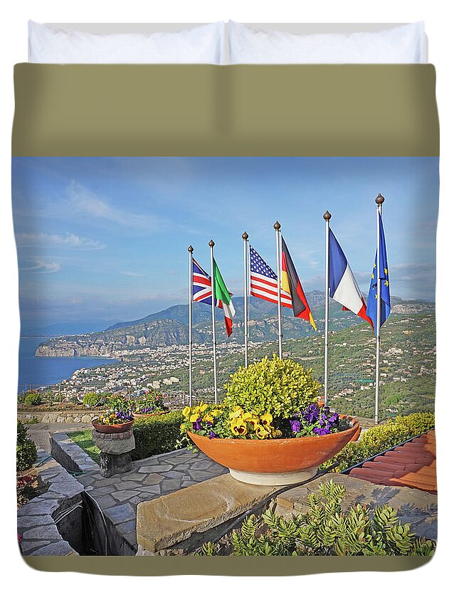 Sorrento Duvet Cover featuring the photograph View of Sorrento With Flags by Yvonne Jasinski