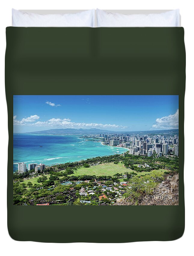 Diamond Head Duvet Cover featuring the photograph View of Waikiki From Diamond Head by Aloha Art