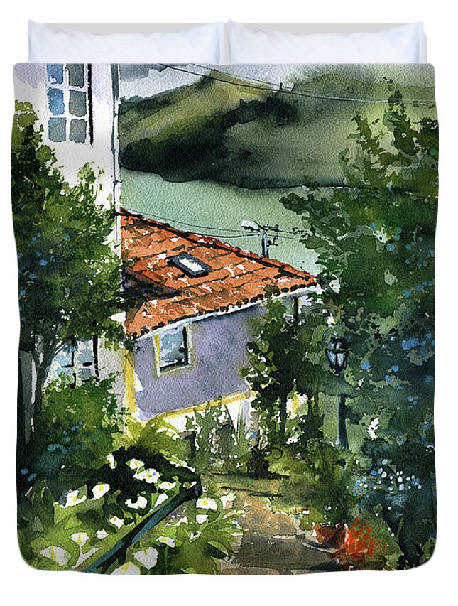 Portugal Duvet Cover featuring the painting Village Along The River Zezere by Dora Hathazi Mendes
