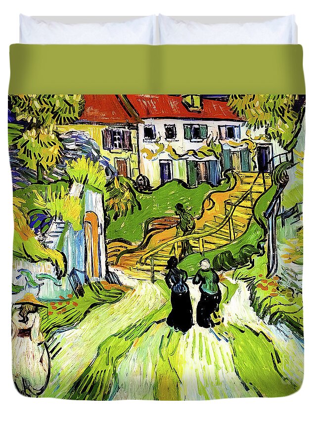 Village Duvet Cover featuring the painting Village Street and Steps in Auvers by Vincent Van Gogh 1890 by Vincent Van Gogh