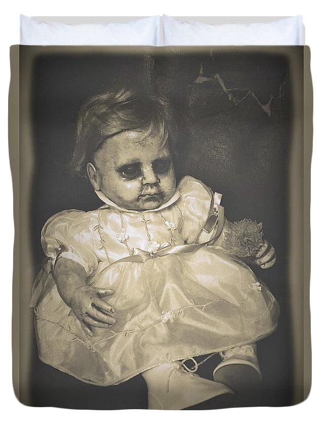 Vintage Baby Doll Creepy Dead Infant Halloween Spirit Spirits Haunted Haunting Zombie Zombies Shoes Dress Child Boy Girl Dress Ghost Ghosts Photo Photos Duvet Cover featuring the photograph Vintage Baby by Beverly Shelby