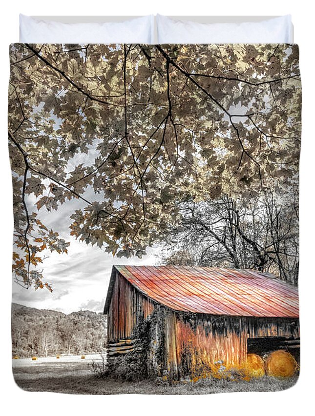 Barns Duvet Cover featuring the photograph Vintage Barn Black and White and Rusty Red Creeper Trail Damascu by Debra and Dave Vanderlaan