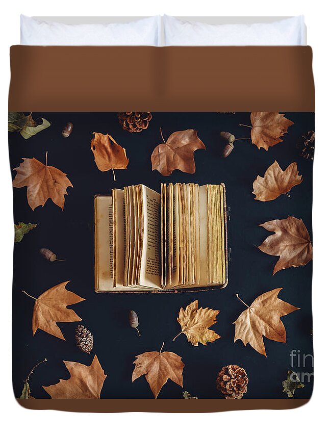 Autumn Duvet Cover featuring the photograph Vintage book and autumn maple leaves on dark background from abo by Jelena Jovanovic