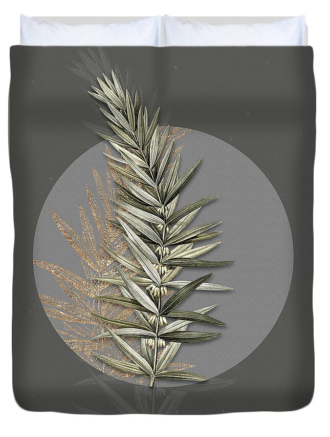 Vintage Duvet Cover featuring the painting Vintage Botanical Whorled Solomons Seal on Circle Gray on Gray by Holy Rock Design