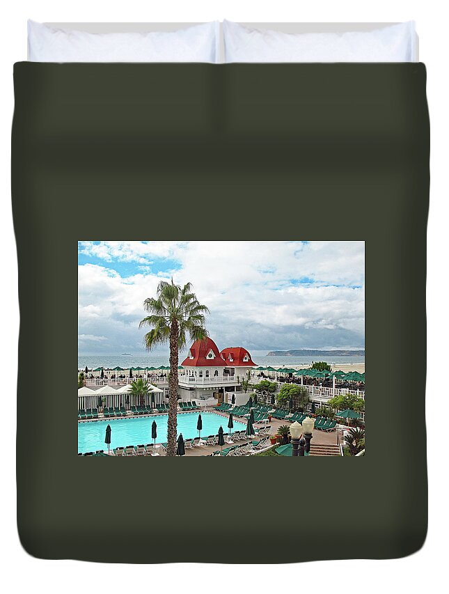 Red Roof Duvet Cover featuring the photograph Vintage Cabana at The Del by Connie Fox