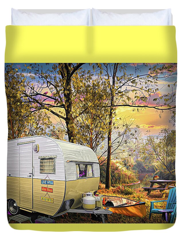 Camper Duvet Cover featuring the photograph Vintage Camping at the Creek Painting by Debra and Dave Vanderlaan