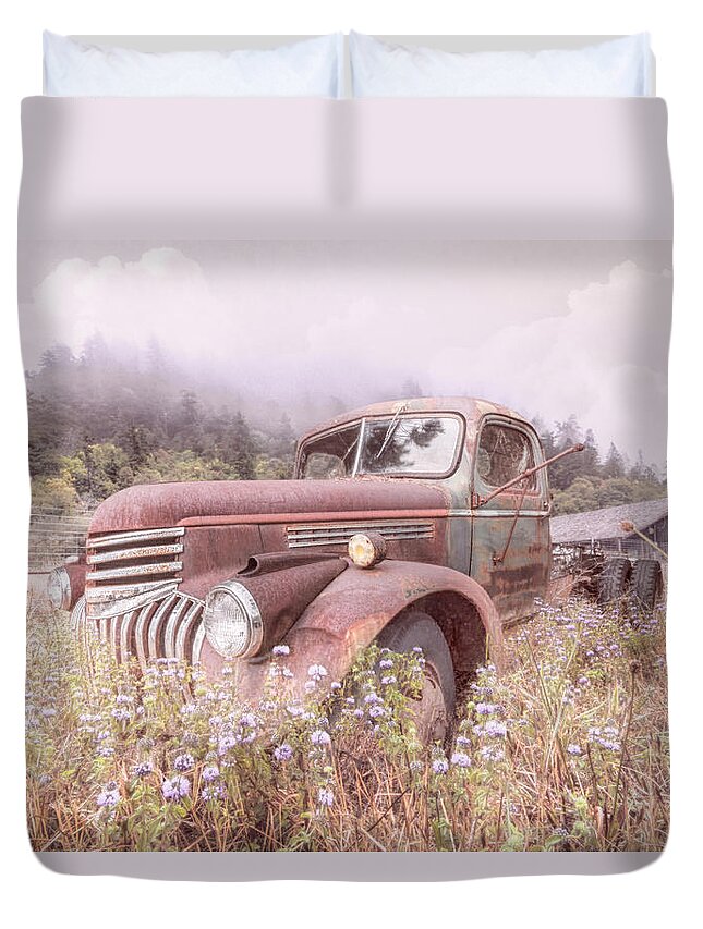 1941 Duvet Cover featuring the photograph Vintage Chevy PIckup Truck in the Mountain Wildflowers Shabby Ch by Debra and Dave Vanderlaan