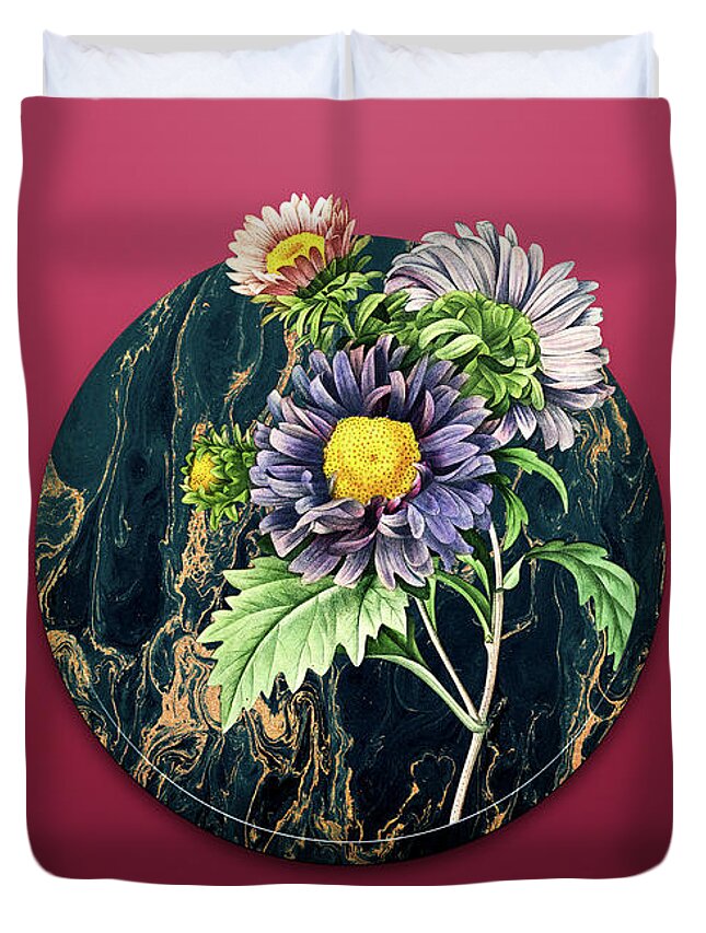 Vintage Duvet Cover featuring the painting Vintage China Aster Art in Gilded Marble on Viva Magenta by Holy Rock Design