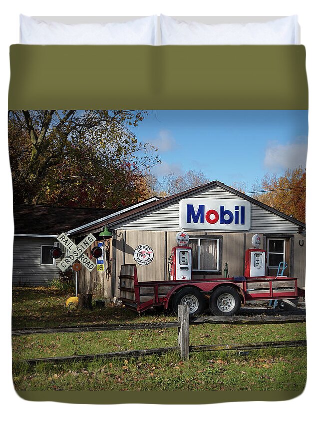 Mobil Gas Duvet Cover featuring the photograph Vintage gas pumps in rural Michigan by Eldon McGraw