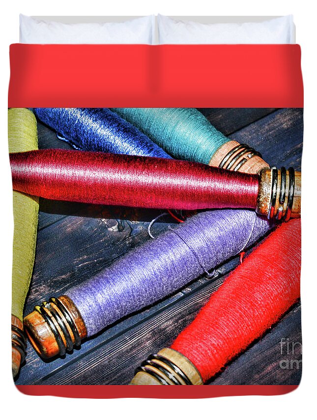 Paul Ward Duvet Cover featuring the photograph Vintage Industrial Sewing Spools by Paul Ward