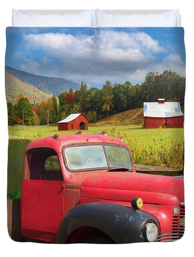 Truck Duvet Cover featuring the photograph Vintage Red Truck at the Farm by Debra and Dave Vanderlaan