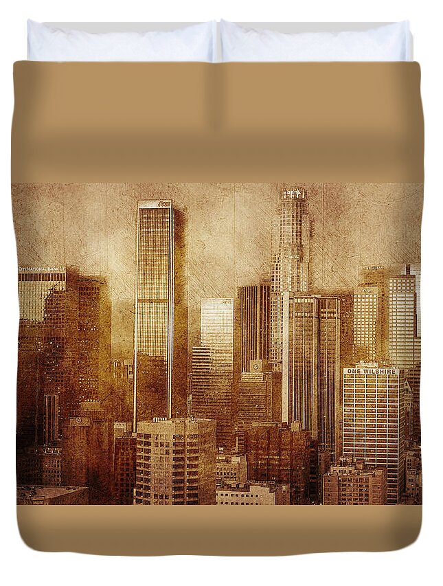Los Angeles Duvet Cover featuring the mixed media Vintage skyline of Los Angeles by Alex Mir