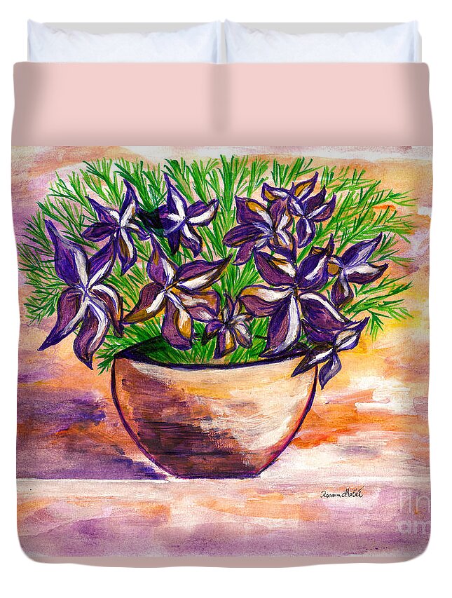 Violets Duvet Cover featuring the painting Violets in a Basket for You My Love by Ramona Matei