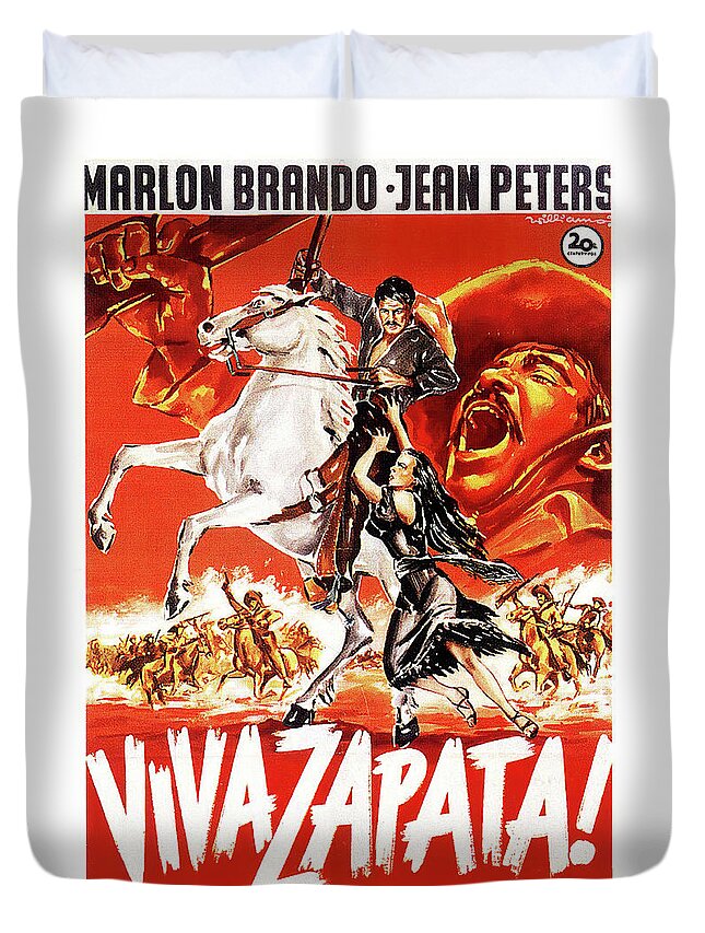 Viva Duvet Cover featuring the mixed media ''Viva Zapata'' 2, with Marlon Brando and Jean Peters, 1952 by Movie World Posters