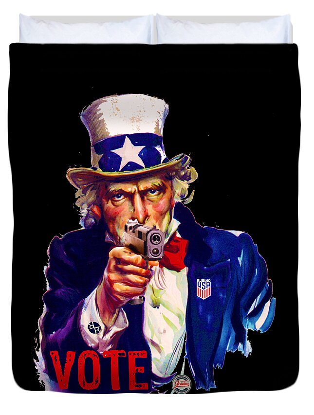 Liberty Duvet Cover featuring the painting VOTE Uncle Sam With Gun USA by Tony Rubino
