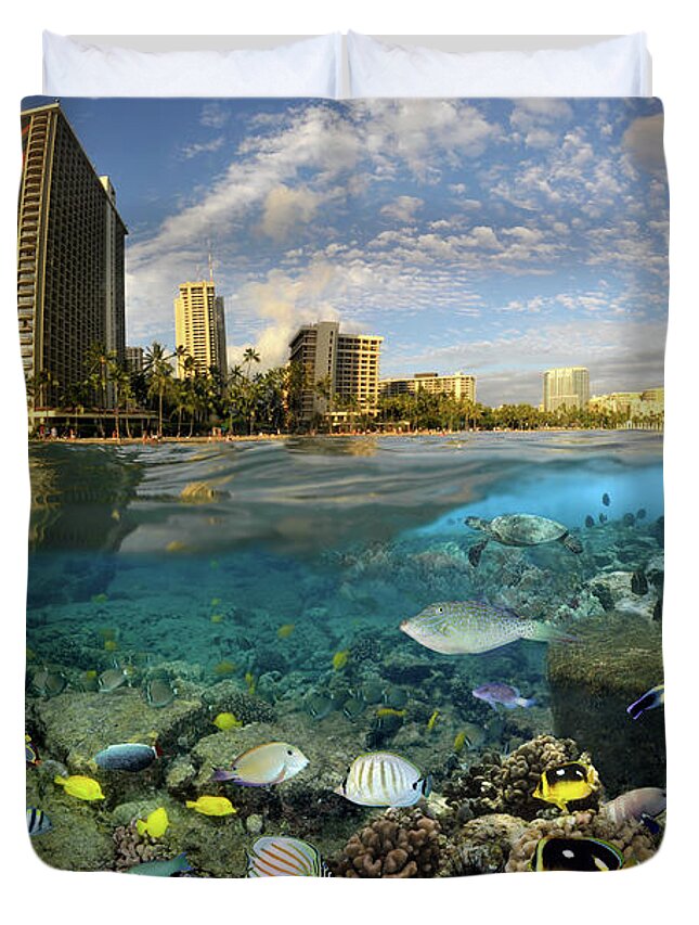 Waikiki Duvet Cover featuring the digital art Waikiki over-under by Artesub