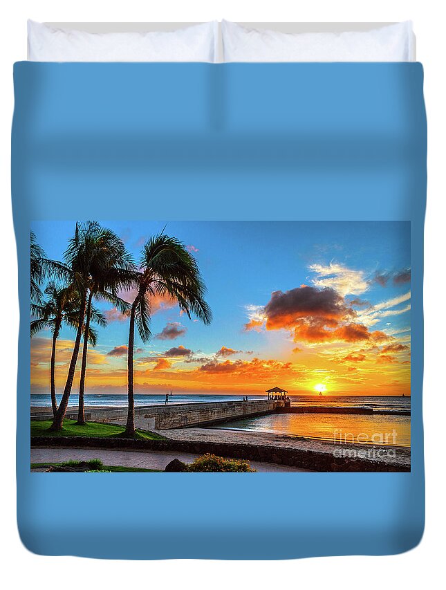 Waikiki Sunset Duvet Cover featuring the photograph Waikiki Sunset off of the Pier by Aloha Art