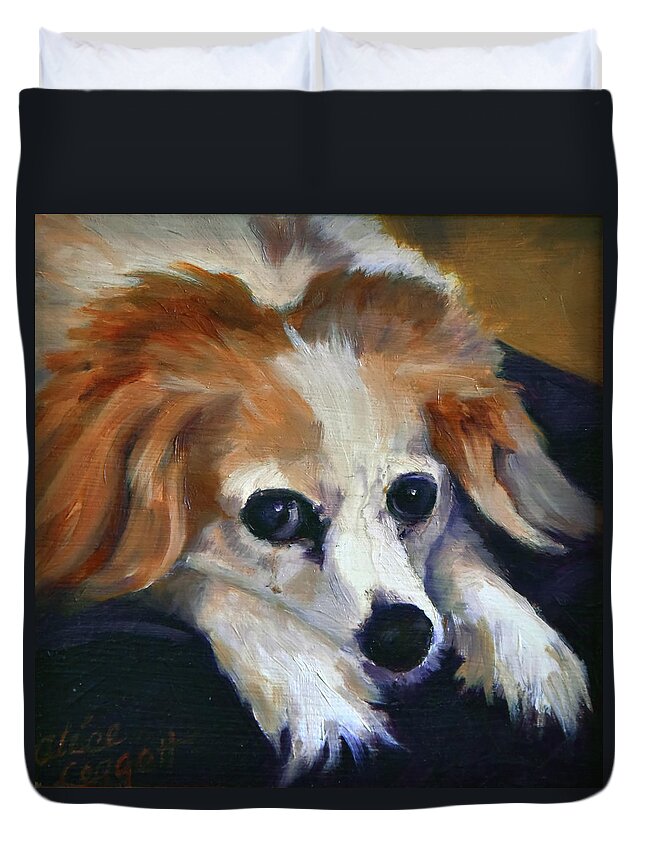 Dog Duvet Cover featuring the painting Waiting for Dinner by Alice Leggett