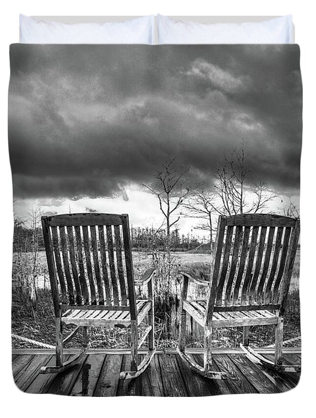 Clouds Duvet Cover featuring the photograph Waiting on the Thunder in Black and White by Debra and Dave Vanderlaan