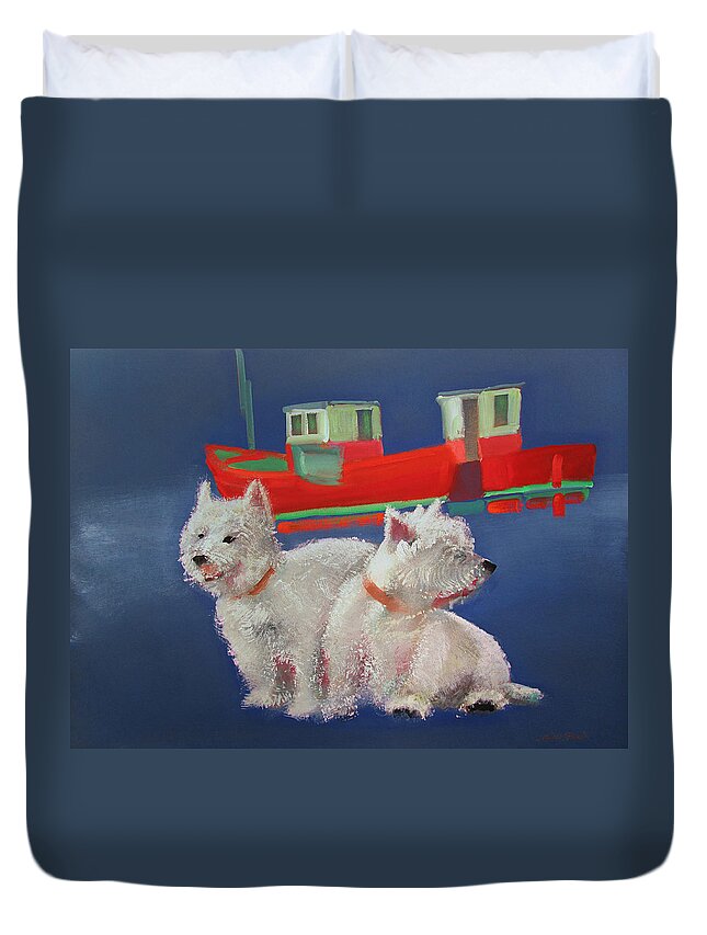 White Terriers Duvet Cover featuring the painting Walberswick Red Trawlers by Charles Stuart