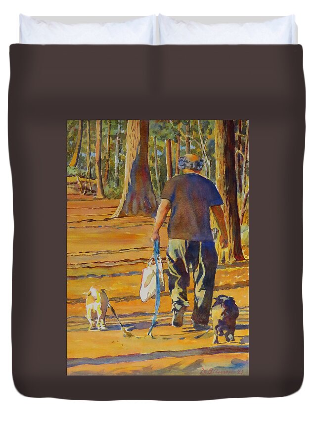 Lemoine Pt. Duvet Cover featuring the painting Walking with Two Dogs by David Gilmore