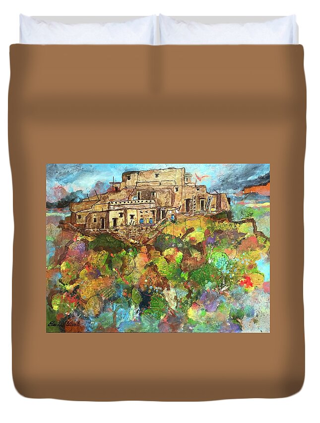 Southwest Landscape Duvet Cover featuring the painting Walpi Village II by Elaine Elliott