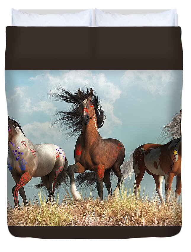 Three Warriors Duvet Cover featuring the digital art Warrior Horses in War Paint by Daniel Eskridge