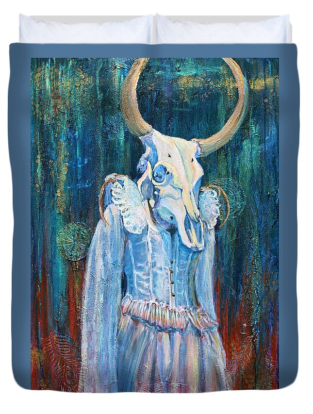 Mixedmedia Collage Acrylics Modeling -paste Woman Skull Cow Skull Cowhead Horns Ghostly Haunting Wedding-dress Symbolic Duvet Cover featuring the mixed media Warrior by Li Newton
