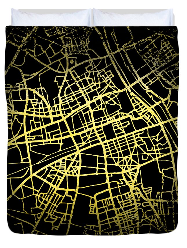 Map Duvet Cover featuring the digital art Warsaw Map in Gold and Black by Sambel Pedes