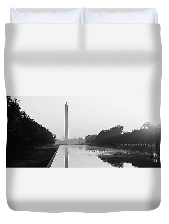 Black And White Image Monument Memorial Golden  Reflection Water Tree Trees Park Pool  Sunrise Sunup First Light Morning Dawn  Silhouette    Nobody Tranquil Tranquility Reflective Quiet  Government Governance Obelisk Tourist Attraction Landmark Icon Historic Scenic 19th Century  Usa District Of Columbia Dc Washington Washington Dc Reflecting Pool National Mall Duvet Cover featuring the photograph Washington Monument, Washington DC, District Of Columbia, USA by Panoramic Images
