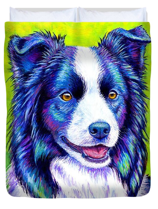 Border Collie Duvet Cover featuring the painting Watchful Eye - Colorful Border Collie Dog by Rebecca Wang