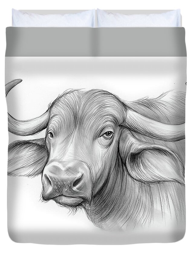 Pencil Duvet Cover featuring the drawing Water Buffalo by Greg Joens