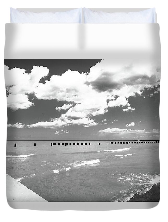 Landscape Duvet Cover featuring the photograph Water Clouds Horizon Black White by Patrick Malon