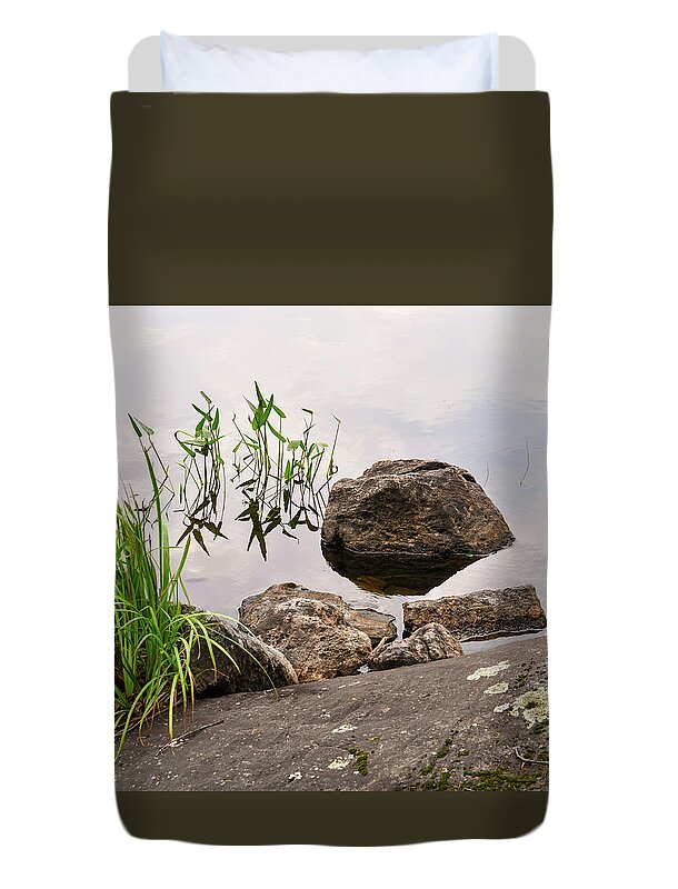 Backdrop Duvet Cover featuring the photograph Water plants and granite rocks in water by Les Palenik