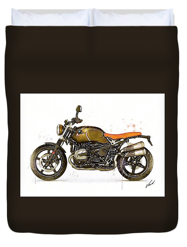 Motorbike Paitning Duvet Cover featuring the painting Watercolor BMW NineT SCRAMBLER motorcycle - oryginal artwork by Vart. by Vart