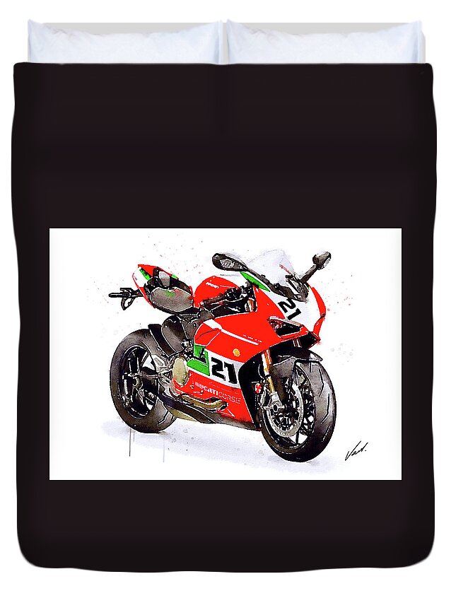 Sport Duvet Cover featuring the painting Watercolor Ducati Panigale V2 Bayliss motorcycle, oryginal artwork by Vart. by Vart Studio
