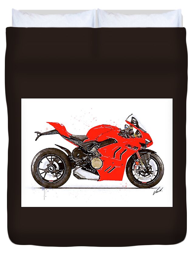 Sport Duvet Cover featuring the painting Watercolor Ducati Panigale V4S 2022 motorcycle - oryginal artwork by Vart. by Vart Studio