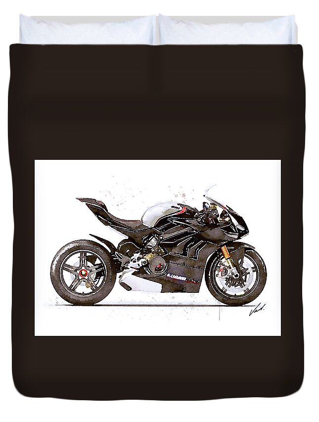 Sport Duvet Cover featuring the painting Watercolor Ducati Panigale V4SP 2022 motorcycle, oryginal artwork b by Vart Studio