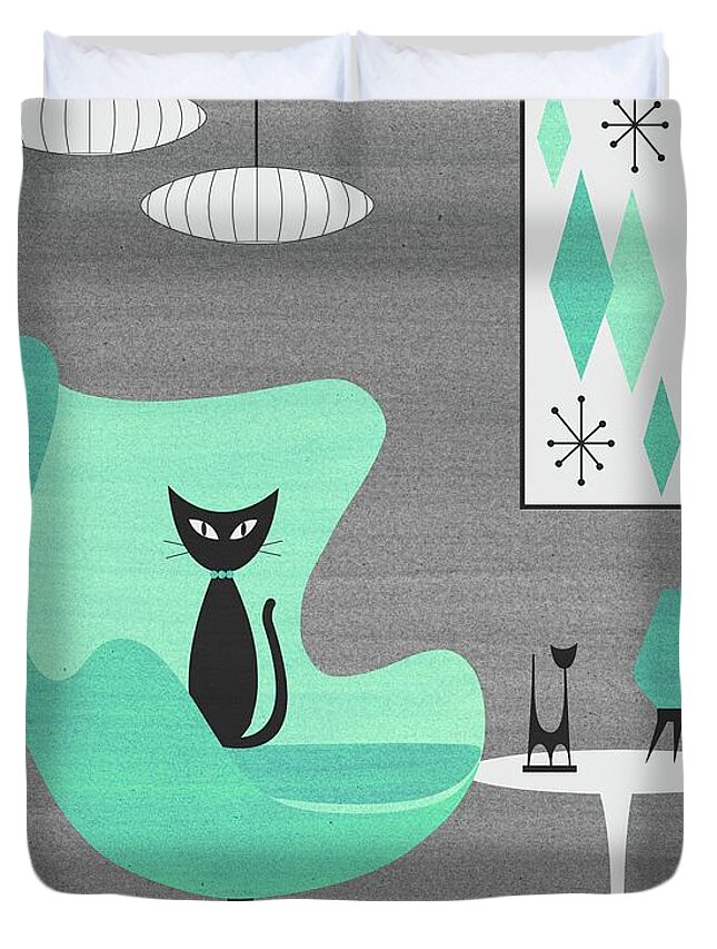 Mid Century Modern Duvet Cover featuring the mixed media Egg Chair in Aqua nd Gray by Donna Mibus