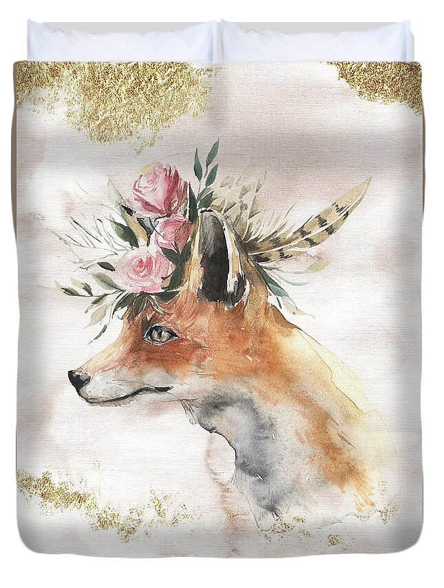 Watercolor Fox Duvet Cover featuring the painting Watercolor Fox With Flowers And Gold by Garden Of Delights
