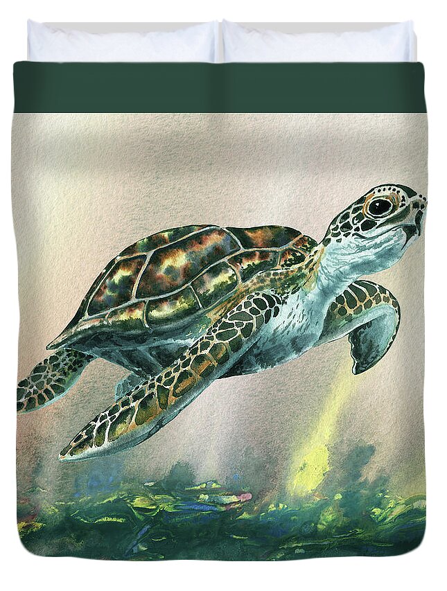 Blue Duvet Cover featuring the painting Watercolor Giant Sea Turtle by Irina Sztukowski