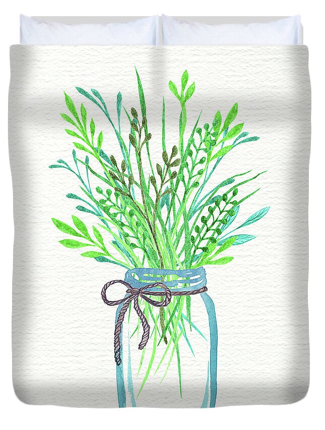 Watercolor Herbs Duvet Cover featuring the painting Watercolor Herbs Bunch In A Jar Nature Gift At Best by Irina Sztukowski