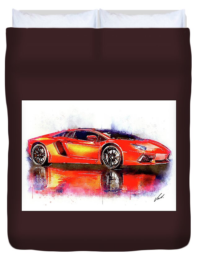 Watercolor Duvet Cover featuring the painting Watercolor Lamborghini Murcielago - oryginal artwork by Vart by Vart